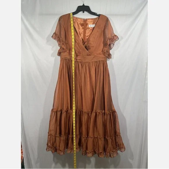 NWT Mac Duggal [ 12 ] Sheer Flutter Sleeve Tea Length Ruffle Dress‎ Rust Orange - Picture 7 of 15